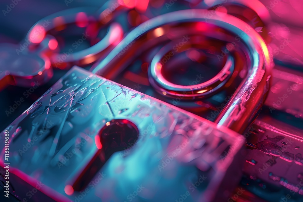 Poster close-up of a colorful padlock with intricate details and reflections