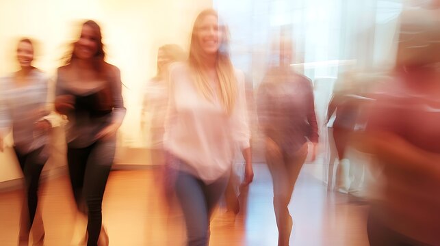 Blurred motion of women walking indoors, conveying movement and energy.