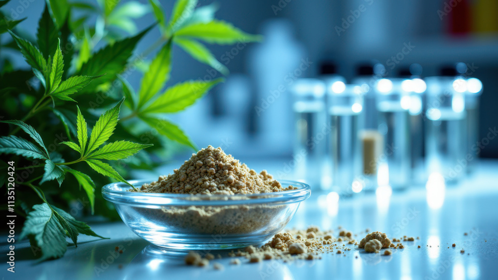 Poster a lab setting with samples of cannabis products ready for analysis or extraction.