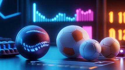 A glowing sports equipment icon with product analytics, representing online platforms for sports gear reviews and recommendations. 