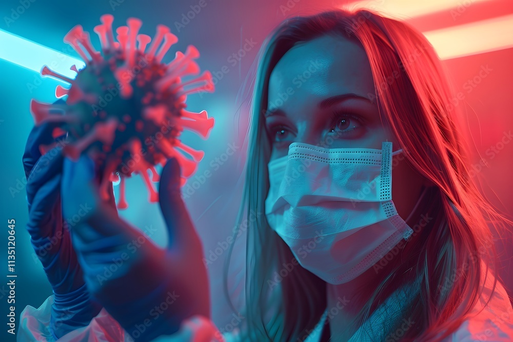 Poster scientist examining a virus model in a colorful laboratory setting