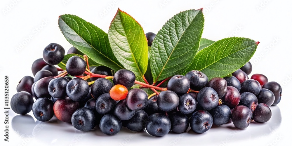 Poster ripe chokeberry with leaf isolated on white background captured in raw style emphasizing natural tex