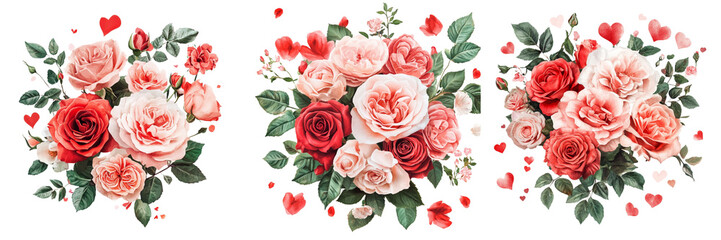 Set of A close-up shot of delicate watercolor roses forming a heart on transparent png background