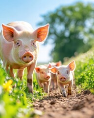 Mother Pig and Her Playful Piglets Enjoy a Sunny Day in a Lush Green Pasture