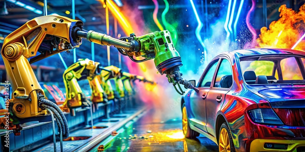Poster robots engaged in precision spray painting of a car body in a high-tech workshop with a tilt-shift p