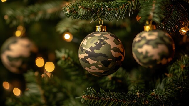 Christmas tree with camouflage baubles and Christmas tree decorations 