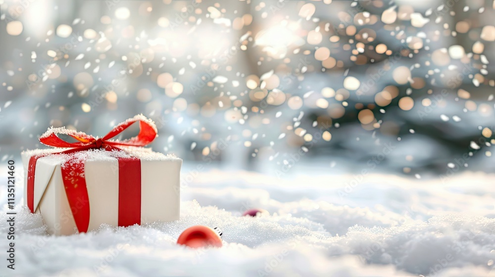 Poster christmas gift box wrapped in red ribbon surrounded by snow on a winter day with soft bokeh lights i