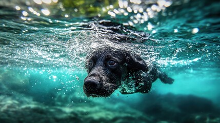 Energetic Black Labrador Retrievers playing in clear turquoise water