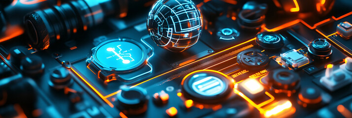 A glowing sports equipment maintenance icon linked to usage data, representing online platforms for gear care and optimization.  