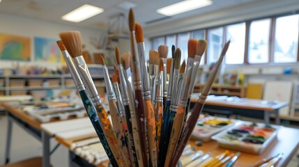 Art room with paintbrushes and canvases set up for a class 