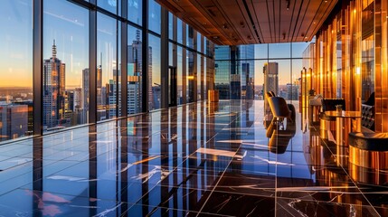 Impressive cityscape with towering skyscrapers and glass facades reflecting the glowing colors of the sunrise or sunset over a busy metropolitan downtown area