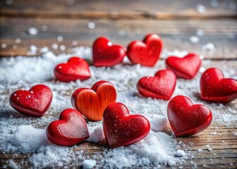 Obraz premium Romantic Red Wooden Hearts on a Soft Snowy Background for Valentine's Day Decor and Celebration Photography