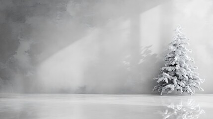 Naklejka premium Minimalist snowy Christmas tree in a bright room with a textured wall.