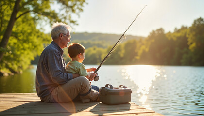Elderly man shares fishing experience with young boy on a serene lake at sunset