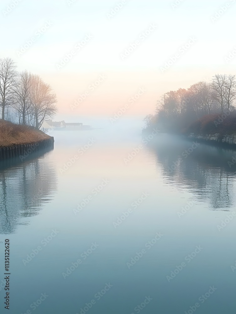 Poster a tranquil, foggy river scene at dawn, with soft pastel colors reflecting on the calm water, surroun
