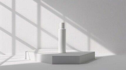 Minimalist studio setting with a simple white geometric pedestal displaying a product or item  The scene is created with clean lines shadows and a plain background emphasizing a modern elegant