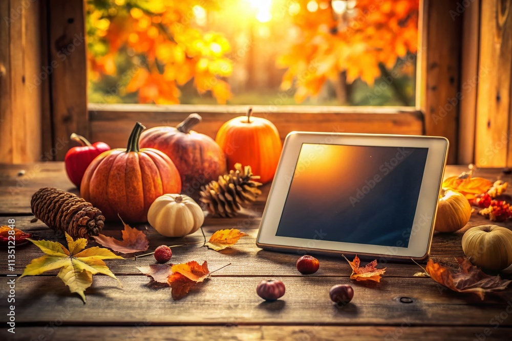 Poster rustic autumn vibes: tablet on a weathered table by the window showcasing the beauty of fall with bl