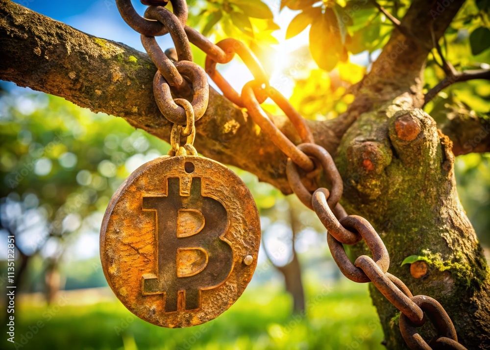 Poster rustic bitcoin symbol hanging from a chain on a tree branch in nature's embrace, representing the in