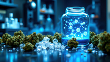 A scientific depiction of a cannabis extract with glowing THCA crystals.