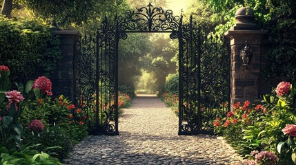 Ornate iron gate opening to a sunlit garden path.