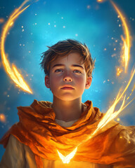 Fototapeta premium Young boy with glowing aura in vibrant fantasy setting