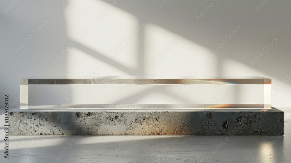 Poster a minimalist display featuring a clear rectangular object on a textured stone base.