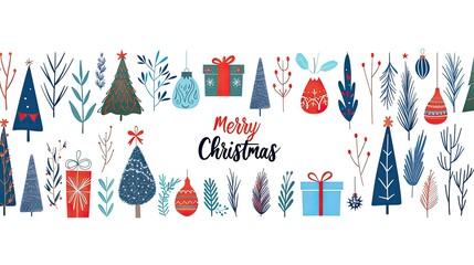 Christmas Elements with Trees, Gifts, Ornaments, and Festive Decorations Creating a Vibrant Holiday Atmosphere for Seasonal Celebrations