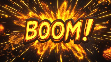 Exploding "BOOM!" text effect with fiery particles.