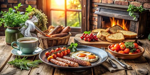 Rustic Double Exposure Photography of Full English, Irish, and Scottish Breakfast with Fresh Ingredients, Traditional Plates, and Morning Atmosphere in a Cozy Setting