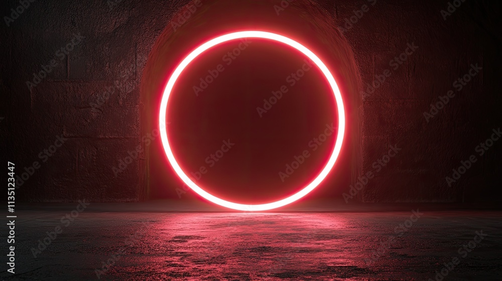 Poster neon ring illuminates dark passageway with a mysterious glow, creating an enigmatic atmosphere in a 