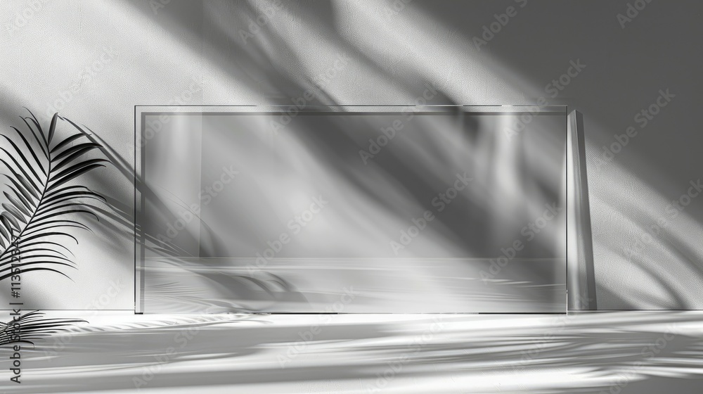 Poster A minimalist scene with a transparent frame casting shadows and a palm leaf.