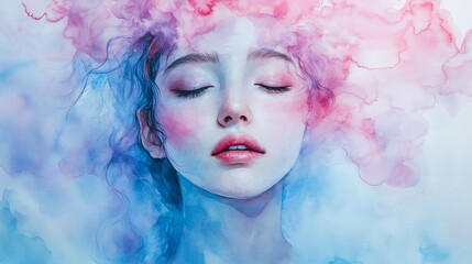 Fototapeta premium Serene woman portrait in watercolor, pink and blue hues.