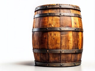 Obraz premium Rustic Old Wooden Barrel Isolated on White Background, Perfect for Vintage Decor, Wine Storage, or Distillery Themes, Ideal for Backgrounds and Product Displays in Creative Projects