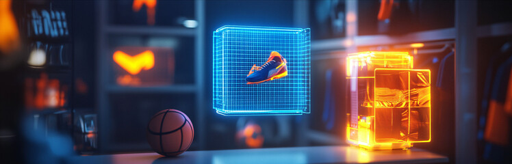 A glowing sports merchandise icon with sales analytics, representing online platforms for e-commerce in athletic gear.  