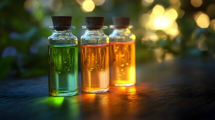 Essential oils for skin create a serene atmosphere with vibrant green, amber, and orange liquids in glass bottles, evoking nature's beauty and tranquility.
