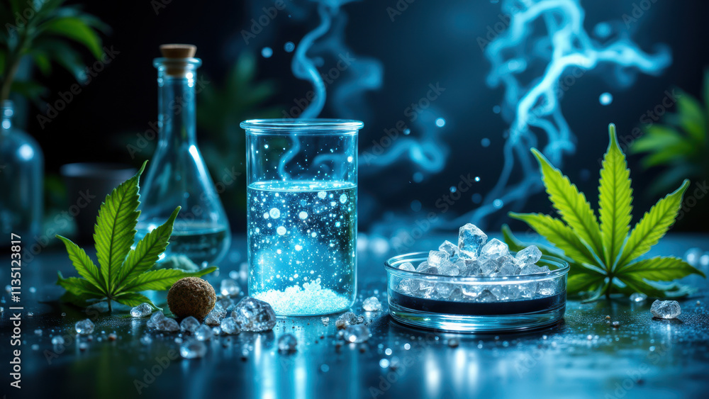 Poster a captivating science-themed image featuring thca crystals with a lab setting.