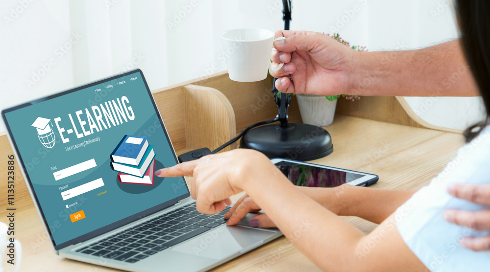 Poster e-learning website with modish sofware for student to study online on the internet network