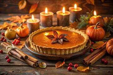 Rustic Pumpkin Pie on a Weathered Table for Thanksgiving Celebration, Capturing the Essence of Fall with Warm Colors and Cozy Atmosphere Perfect for Autumn Gatherings