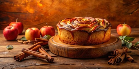 Rustic Spiced Apple Cake with Cinnamon Swirl on Warm Terra Cotta Background, Perfect for Autumnal Text and Seasonal Celebrations