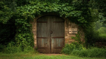 Enchanted Wooden Gate in a Lush Garden
