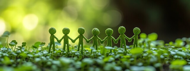 Green figures holding hands in lush greenery.