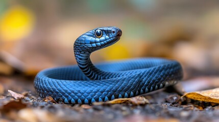 Fototapeta premium Striking Blue Snake Curled on Ground Surrounded by Brown Leaves