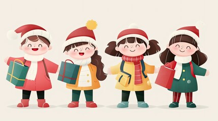 Fototapeta premium Charming Collection of Four Festive Children in Colorful Winter Outfits, Cheerfully Displaying Holiday Gifts with Joyous Expressions for a Magical Christmas Atmosphere