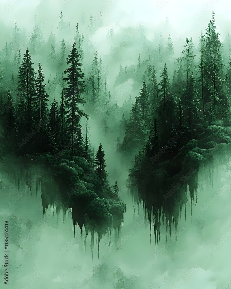 Poster a mystical green forest shrouded in mist, featuring tall evergreen trees rising from moss-covered cl