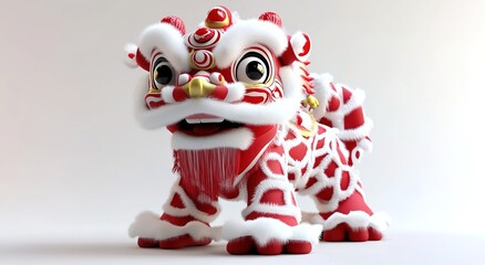 Obraz premium Cartoon-style Chinese lion dance, with a red and white color scheme on a white background.