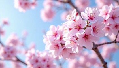 Cherry blossoms in full bloom under blue sky, spring morning light