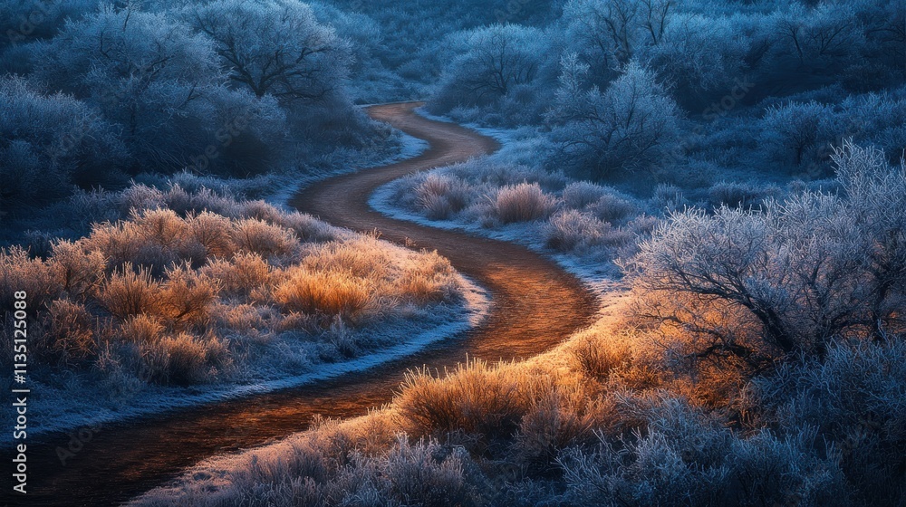 Poster a winding path through a frosty landscape at dawn, creating a serene and tranquil atmosphere.
