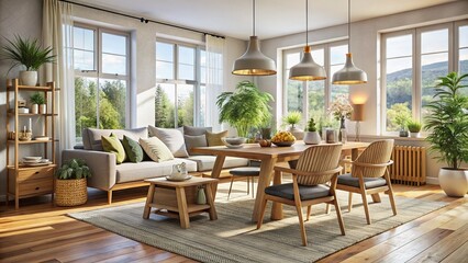 Scandinavian Modern Living Room Featuring a Handcrafted Wood Dining Set with Natural Light, Minimalist Decor, and Cozy Textiles in a Serene Atmosphere