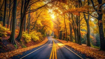 Obraz premium Scenic Autumn Drive: A Serene Road with Yellow Lines and Colorful Leaves, Capturing the Beauty of Fall in a Forest Setting at Dusk
