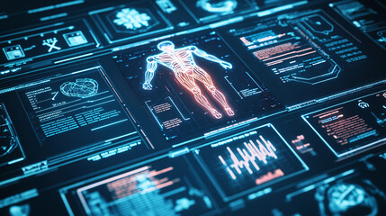 A glowing sports science lab icon showcasing biomechanical studies, representing online research platforms in sports medicine. 